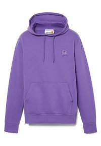 Felpa con cappuccio Timberland viola, con tasca a marsupio, cappuccio con coulisse, polsini a costine e patch con logo Timberland sul petto.