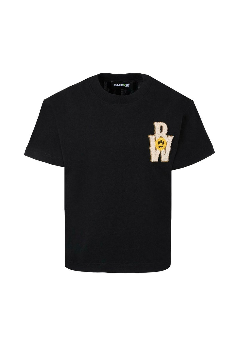 Zwarte katoenen T-shirt met korte mouwen, voorzien van een fuzzy "BW" logo en een gele glimlachende gezicht op de linkerkant van de borst.