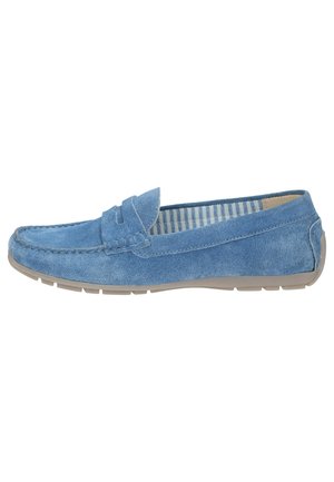 Denim loafers i lyseblå med en tekstureret overflade, med en frontrem og en stribet inderside. Gummisål med lav profil.