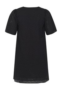 Black dress with short puffed sleeves, featuring a textured pattern of small cutouts throughout the fabric, round neckline, and relaxed fit.