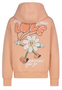 Perzikkleurige hoodie met een cartoonbloemfiguur met ballonnen, bedrukte ontwerp op de achterkant, en ribgebreide manchetten en onderrand.