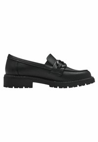 Black leather loafer with a textured surface, featuring a buckle accent and a sturdy treaded sole for added grip.