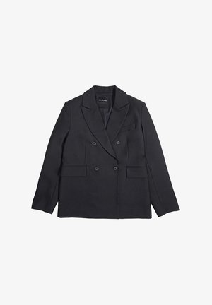 Blazer doppiopetto nero con rever a incavo, quattro bottoni, due tasche con patta e una tasca a filetto sul petto, mostrato disteso su sfondo bianco.