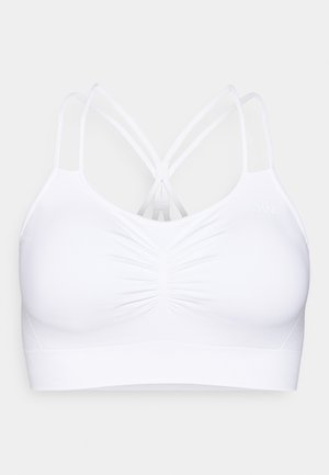 Sutiã desportivo branco com uma textura suave, apresentando um design franzido à frente e alças cruzadas nas costas. Feito de material elástico.