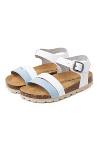 White and light blue sandals with cork footbed, adjustable ankle strap, and textured rubber outsole. Features two wide bands across the foot.
