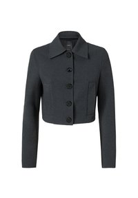 Giacca grigia scura tagliata, realizzata in materiale morbido, con colletto a revers, sei bottoni neri e due tasche frontali.