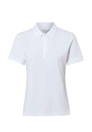 Wit poloshirt met korte mouwen, een kraag en vier witte knopen op het knoopsluitstuk, getoond op een effen witte achtergrond.