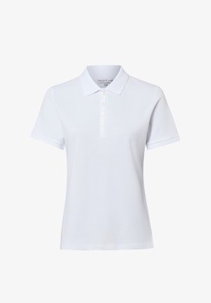 Weißes Poloshirt mit kurzen Ärmeln, Kragen und vier weißen Knöpfen auf der Knopfleiste, dargestellt auf weißem Hintergrund.