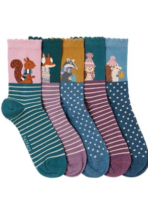 Fünf bunte gestreifte und gepunktete Socken mit Wintertiermotiven, darunter ein Eichhörnchen, ein Fuchs, ein Dachs, eine Eule und ein Igel.