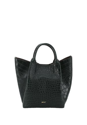 Black leather handbag with crocodile texture, two handles, and a wide, open top.
