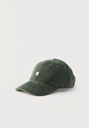 Dark green corduroy baseball cap with curved brim and small white logo on the front center.