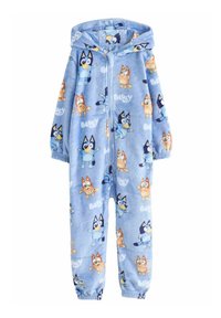 Tutina in pile blu con cappuccio, decorata con vari personaggi dei cartoni animati. Il design include una zip frontale e polsini elasticizzati per una vestibilità sicura.