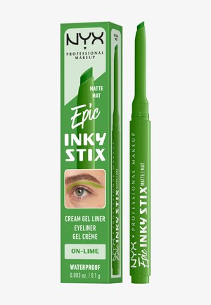 Grøn NYX Epic Inky Stix mat cremet gel-eyeliner med matchende emballage, der viser øjenmakeup i limefarve.