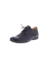 Chaussure noire en cuir à lacets avec une texture lisse, bout rond, talon bas et détails de couture subtils. L'intérieur est doté d'une doublure beige.