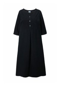 Abito in corduroy nero con maniche a tre quarti, scollatura rotonda e chiusura con bottoni, caratterizzato da una silhouette svasata e una texture sottile.