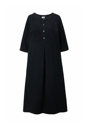 Abito in corduroy nero con maniche a tre quarti, scollatura rotonda e chiusura con bottoni, caratterizzato da una silhouette svasata e una texture sottile.