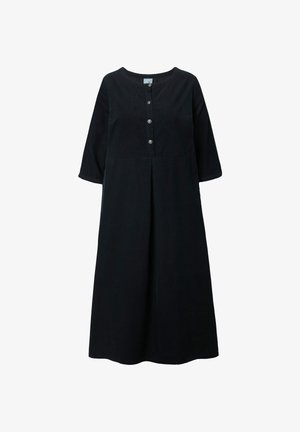 Schwarzes Cordkleid mit Dreiviertelärmeln, rundem Ausschnitt und Knopfsverschluss, das eine ausgestellte Silhouette und subtile Textur aufweist.