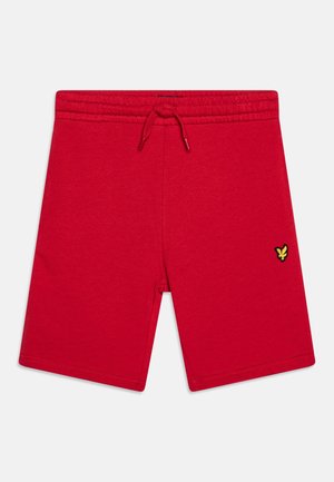 Rode katoenen shorts met een elastische tailleband en een verstelbaar trekkoord. Heeft een klein geel vlinderlogo aan de onderkant van de linkerzijde.
