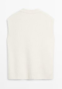 Veste sans manches en tricot blanc avec ourlet côtelé et encolure ronde, présentée à plat sur fond blanc.