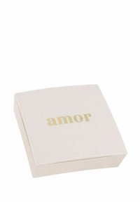 Scatola quadrata di colore rosa pallido con una finitura opaca liscia, caratterizzata dalla parola "amor" in lettere dorate centrata sul coperchio.
