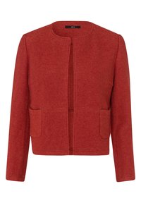 Červená pletená bunda z vlny s kulatým výstřihem, předním zipem, dlouhými rukávy a dvěma předními kapsami. Hladká textura s přiléhavým střihem.