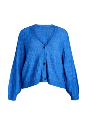 Zils adīts kardigans ar V-veida izgriezumu, ribotiem rakstiem un četriem melniem pogām priekšpusē; tam ir platas piedurknes un īss garums.