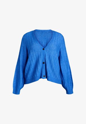 Zils adīts kardigans ar V-veida izgriezumu, ribotiem rakstiem un četriem melniem pogām priekšpusē; tam ir platas piedurknes un īss garums.