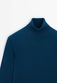 Navy blue turtleneck sweater with long sleeves, displayed flat against a white background.