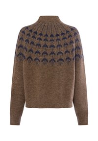 Brązowy sweter robiony na drutach z wysokim dekoltem, długimi rękawami i wzorem granatowych strzałek na yoku. Miękka tekstura i luźny krój.