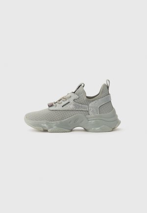Gray mesh athletic shoe with patterned detailing and a reflective accent. Features a cushioned sole and pull tab for easy wear.