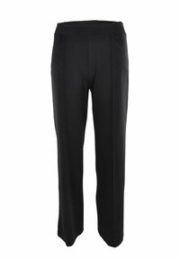 Zwarte wijde broek met een gladde textuur, elastische tailleband en zijzakken. Bevat subtiele plooien voor extra detail.