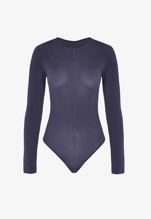 Lang mouw body in diep paars met een ronde hals, een gladde textuur en een centrale rij decoratieve studs aan de voorkant.