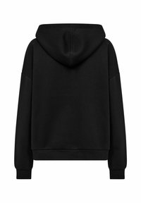 Felpa con cappuccio nera dal taglio rilassato, con spalle scese, polsini a costine e una texture liscia. Senza loghi o motivi visibili.