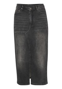 Black denim skirt with a straight cut, knee-length, featuring a front slit and subtle fading. Includes front pockets and belt loops.