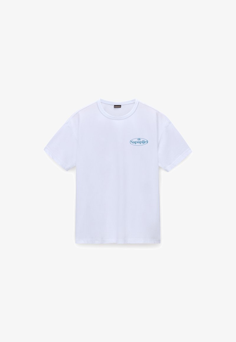T-shirt de algodão branca com mangas curtas e decote redondo. Apresenta um logótipo azul claro no lado esquerdo do peito. Design simples e clássico.
