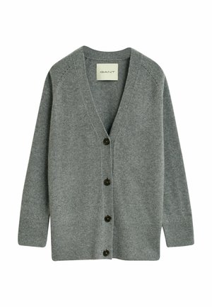Grey wool blend cardigan with V-neck, long sleeves, ribbed cuffs and hem, and four dark buttons down the front.
