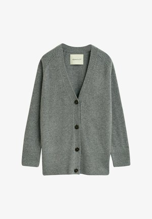 Grijze wollen cardigan in een mix met V-hals, lange mouwen, geribde manchetten en zoom, en vier donkere knopen aan de voorkant.