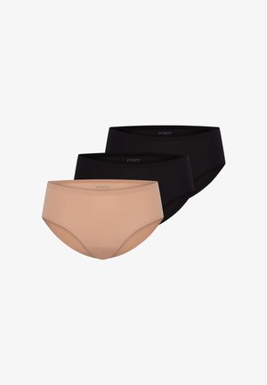 Kolme paria naisten alusvaatteita: yksi beige ja kaksi mustaa, valmistettu sileästä kankaasta, jossa on korkea vyötärösuunnittelu ja saumanvapaata reunaa.