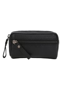 Czarna skórzana saszetka z zamkiem błyskawicznym o prostokątnym kształcie, teksturowanej powierzchni, metalowym zamkiem oraz małym paskiem na nadgarstek.