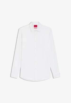 Weißes Langarmhemd aus glattem Stoff. Verfügt über einen klassischen Kragen, eine Knopfleiste und einen abgerundeten Saum. HUGO-Markierung am Kragen.