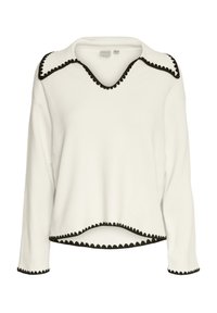 Weißer Pullover mit langen Ärmeln und gewelltem schwarzen Saum entlang des Kragens und des Saums. Weiche Textur; lockerer Schnitt mit abgerundetem Saum.