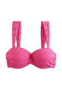 Roze bikini-top met brede, textuurgebonden banden, golfpatroon en een haaksluiting aan de voorkant. De stof heeft een lichte glans en subtiele plooidetails.