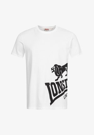 Camiseta de algodón blanca con un gráfico de león negro y logotipo en la parte frontal. Mangas cortas y cuello redondo.