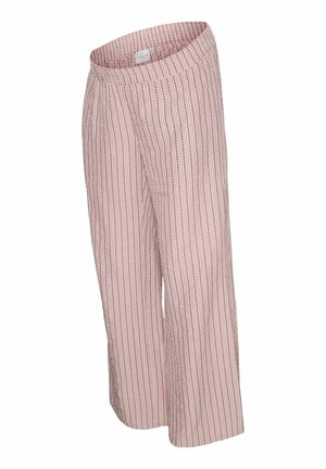 Roosad ja valged triibulised laiade jalgadega püksid, millel on elastne vöökoht ja kerge tekstuuriga kangas.