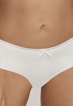 White cotton blend panties with a lace trim, featuring a small ribbon bow at the front and a smooth, stretchy fabric.