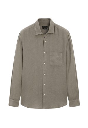 Chemise à manches longues en lin gris clair, avec un col boutonné, une poche avant et des poignets classiques. Tissu doux et texturé.