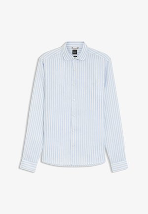 Camicia a maniche lunghe con bottoni, a righe verticali azzurro chiaro e bianco, con colletto e polsini con bottoni, distesa ordinatamente.