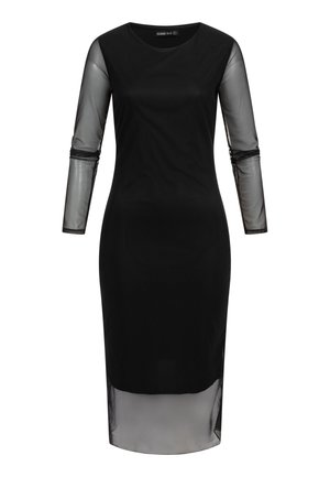 Czarna sukienka midi z przezroczystymi długimi rękawami i przezroczystym dołem, dopasowana sylwetka, okrągły dekolt i długość do kolan.