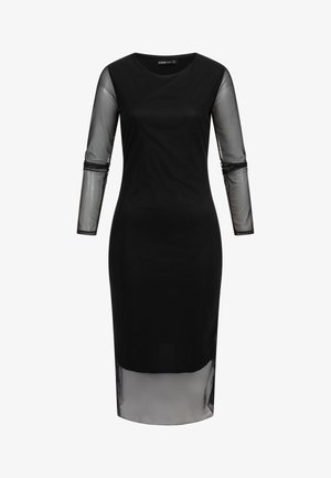 Czarna sukienka midi z przezroczystymi długimi rękawami i przezroczystym dołem, dopasowana sylwetka, okrągły dekolt i długość do kolan.