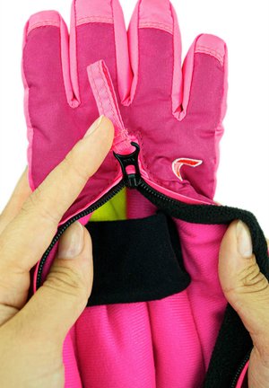 Pink winter glove with a zipper opening. Features a soft interior, elastic cuff, and stitched accents. Outer material appears durable and weather-resistant.